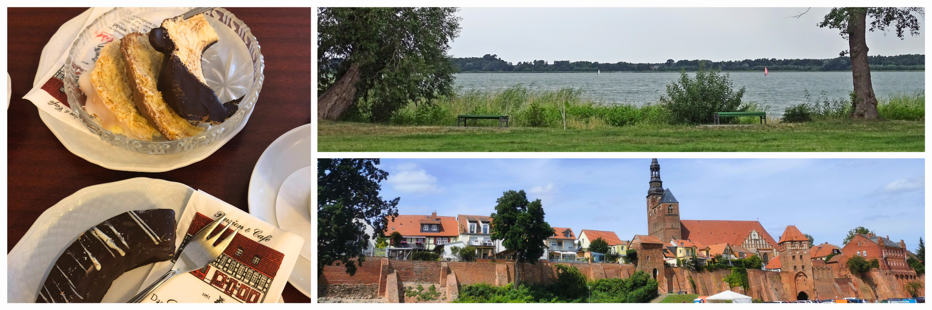 Collage aus der Altmark in Sachsen-Anhalt: Baumkuchen aus Salzwedel, Blick über den Arendsee und historische Stadtmauer von Tangermünde