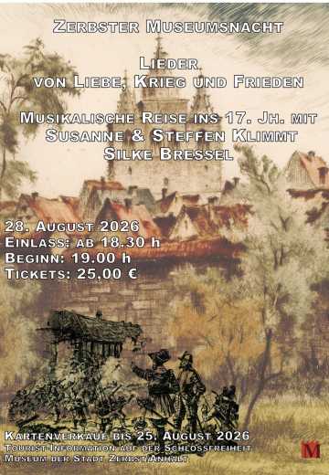 Plakat zur Zerbster Museumsnacht mit alter Stadtansicht im Hintergrund